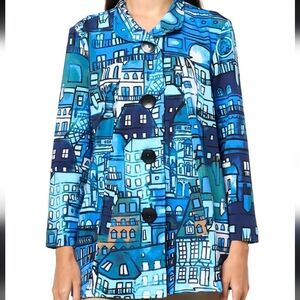Ali Miles XL Blue Teal City Print Button Down‎ Jacket Tunic